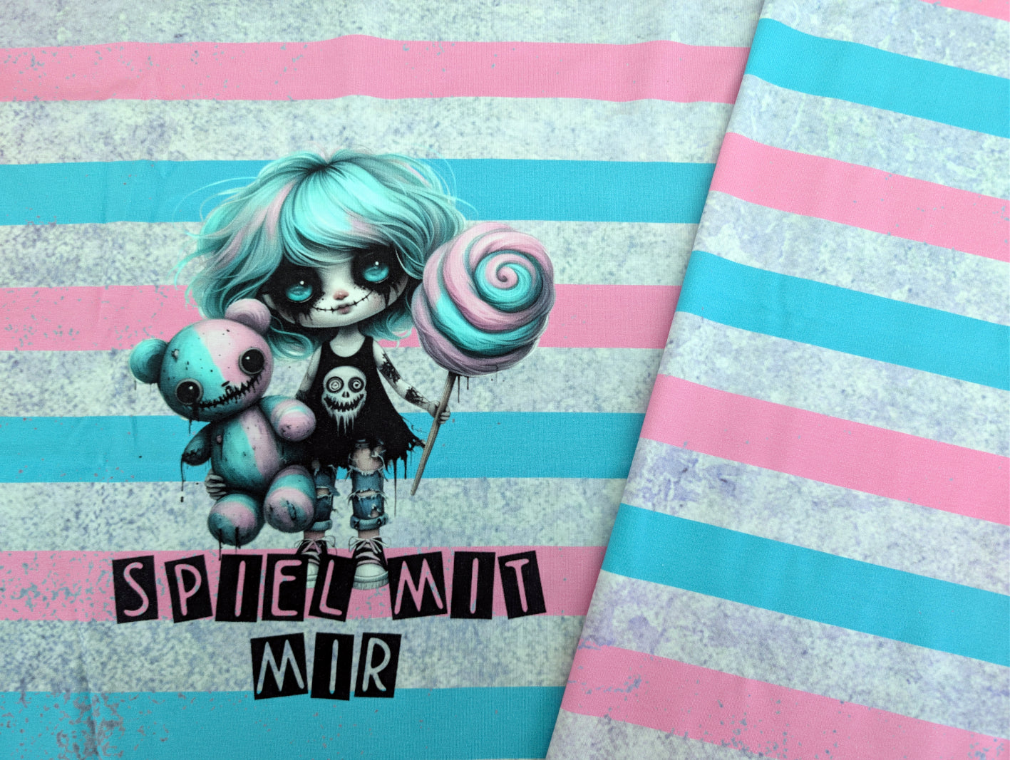 In-house Production Cotton Jersey "Play with Me" Girly Stripes Pink/Light Mint 75 x 165 cm