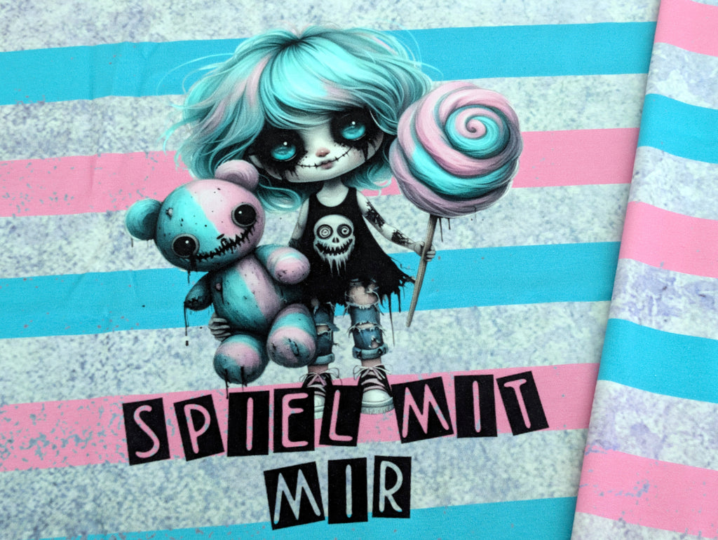 In-house Production Cotton Jersey "Play with Me" Girly Stripes Pink/Light Mint 75 x 165 cm