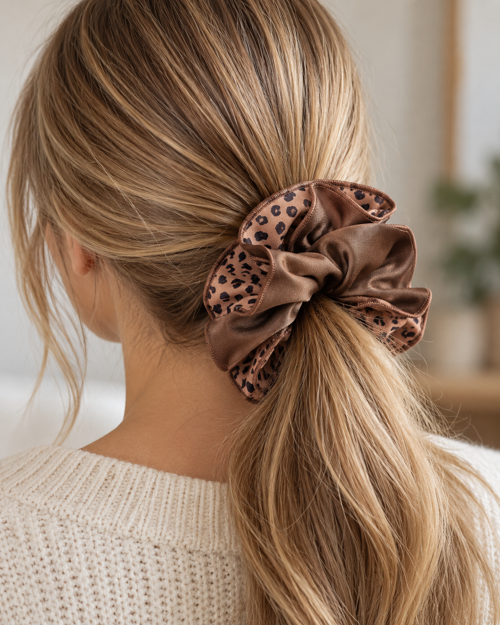 Wild Mocha Scrunchie mit Rüschen, Leopardenmuster