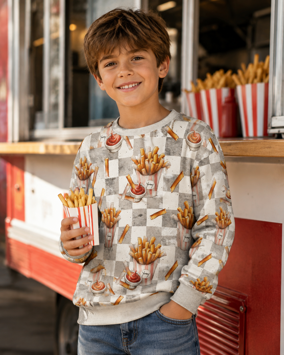 Eigenproduktion Baumwolljersey Pommes und Ketchup auf Grau