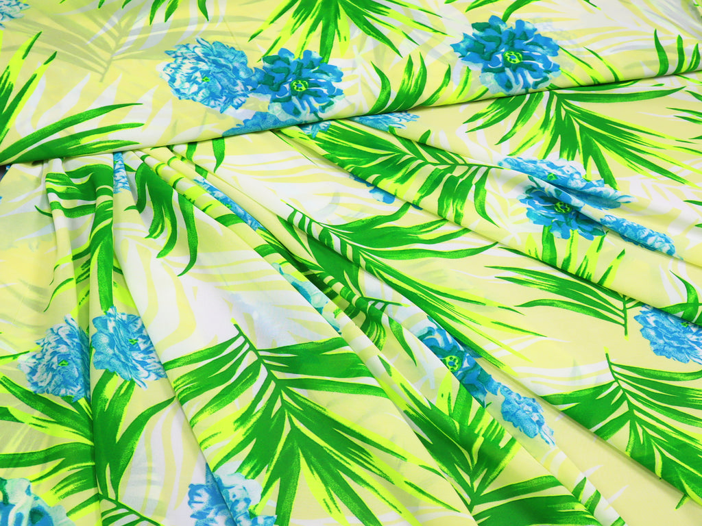 Crêpe Chiffon Flowers & Palm Leaves Yellow Light Green