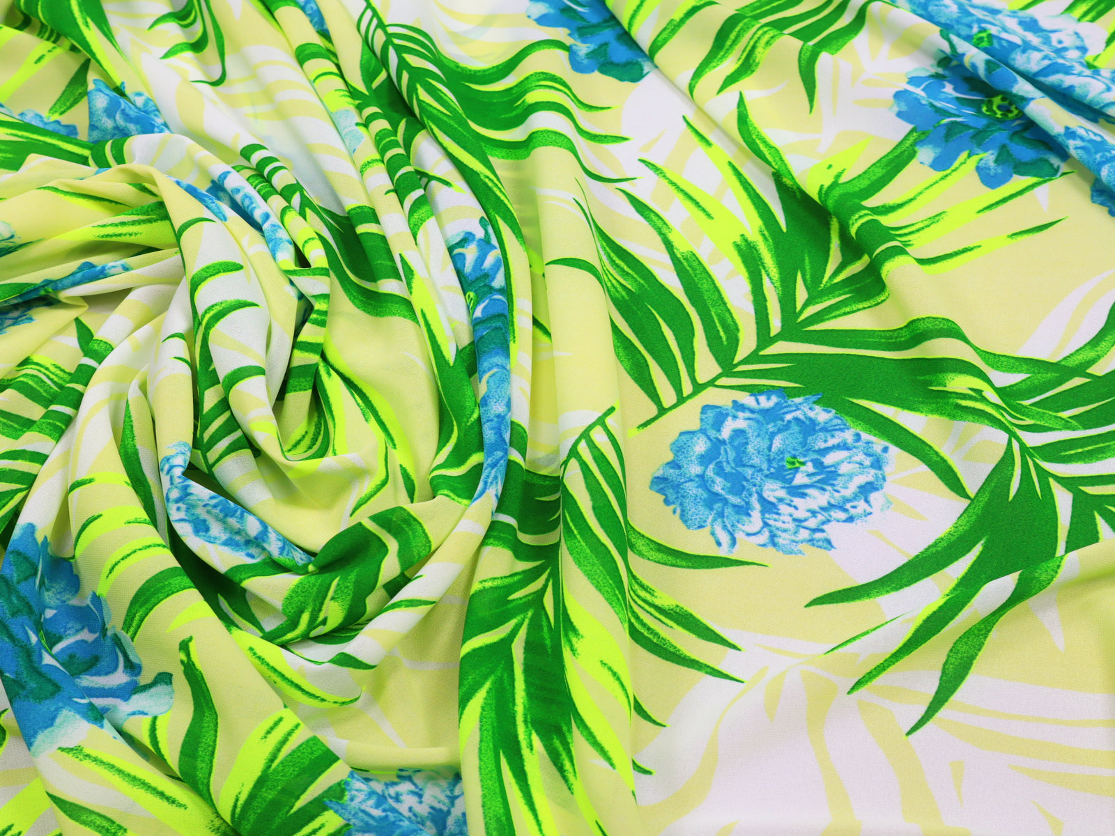 Crêpe Chiffon Flowers & Palm Leaves Yellow Light Green