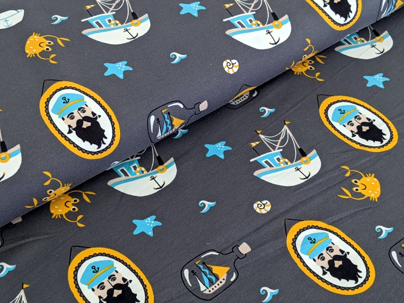 French Terry Sailor Stories Grey