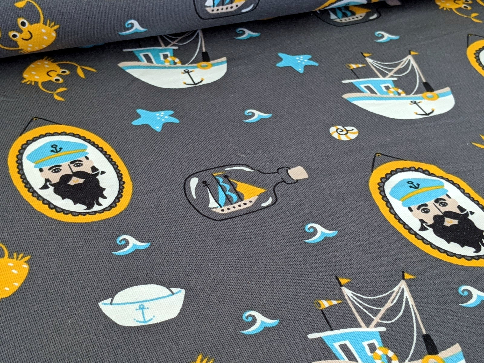 French Terry Sailor Stories Grey