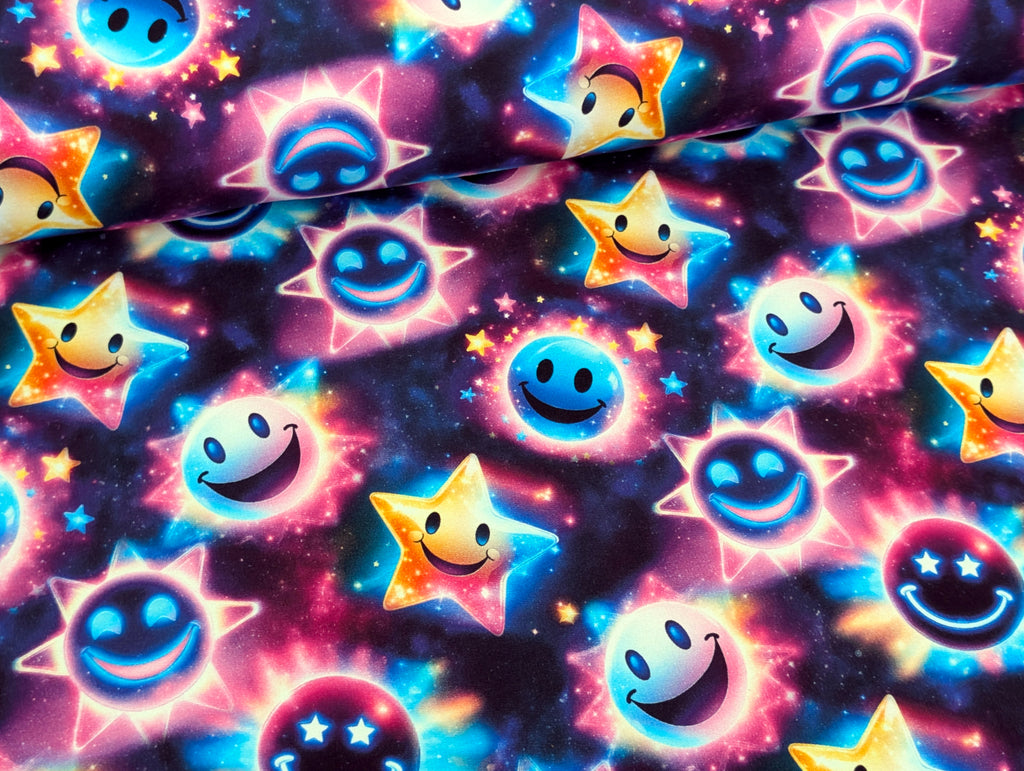 In-house Production French Terry Glowing Smileys on Black