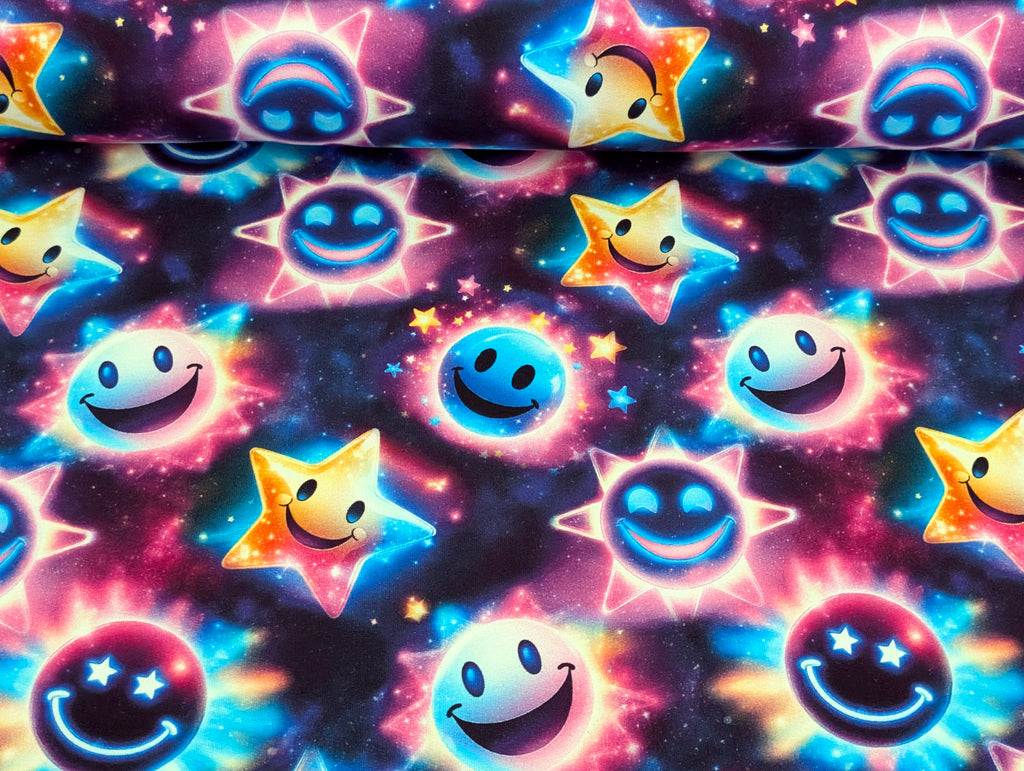 In-house Production French Terry Glowing Smileys on Black