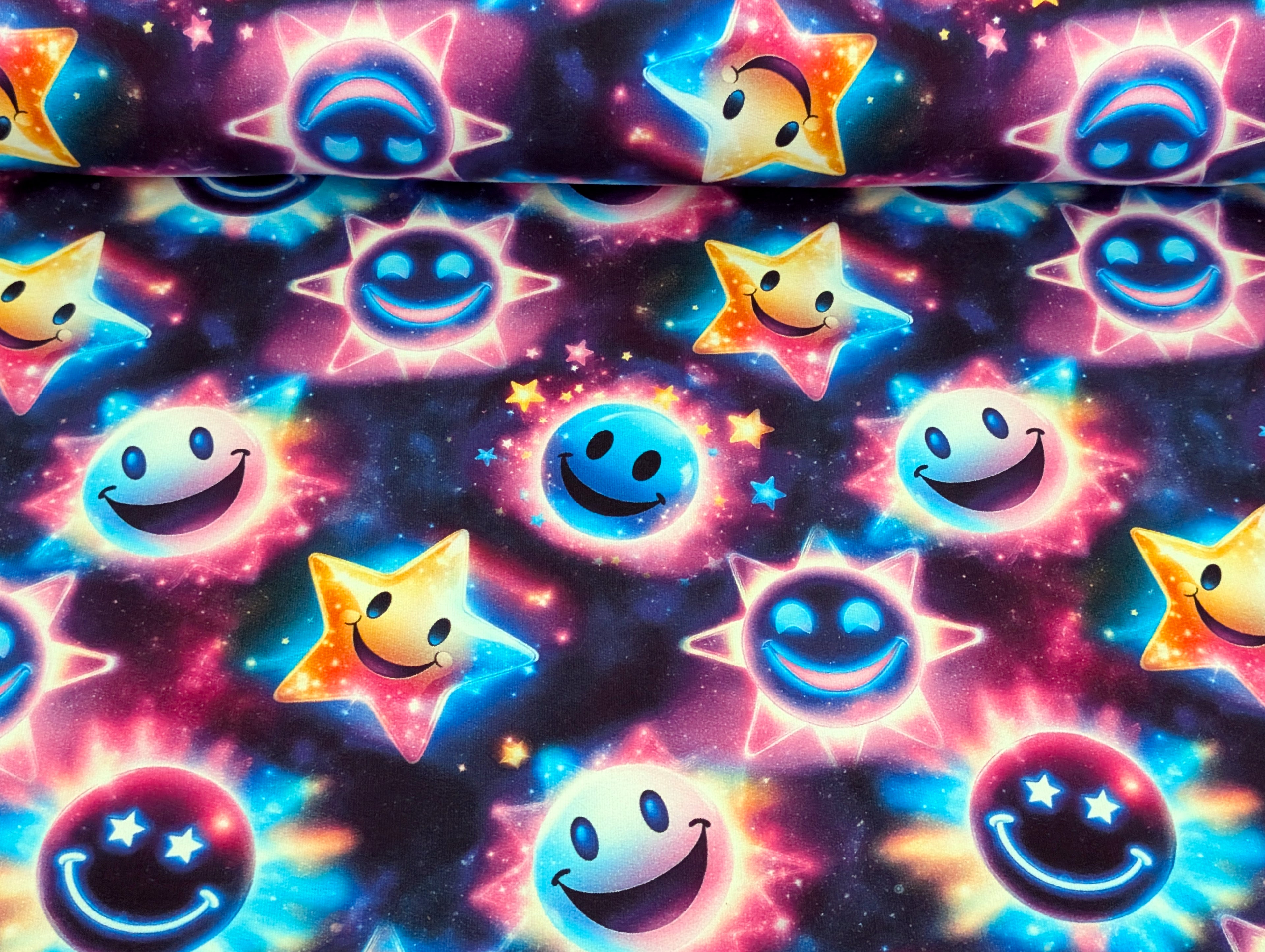 In-house Production French Terry Glowing Smileys on Black