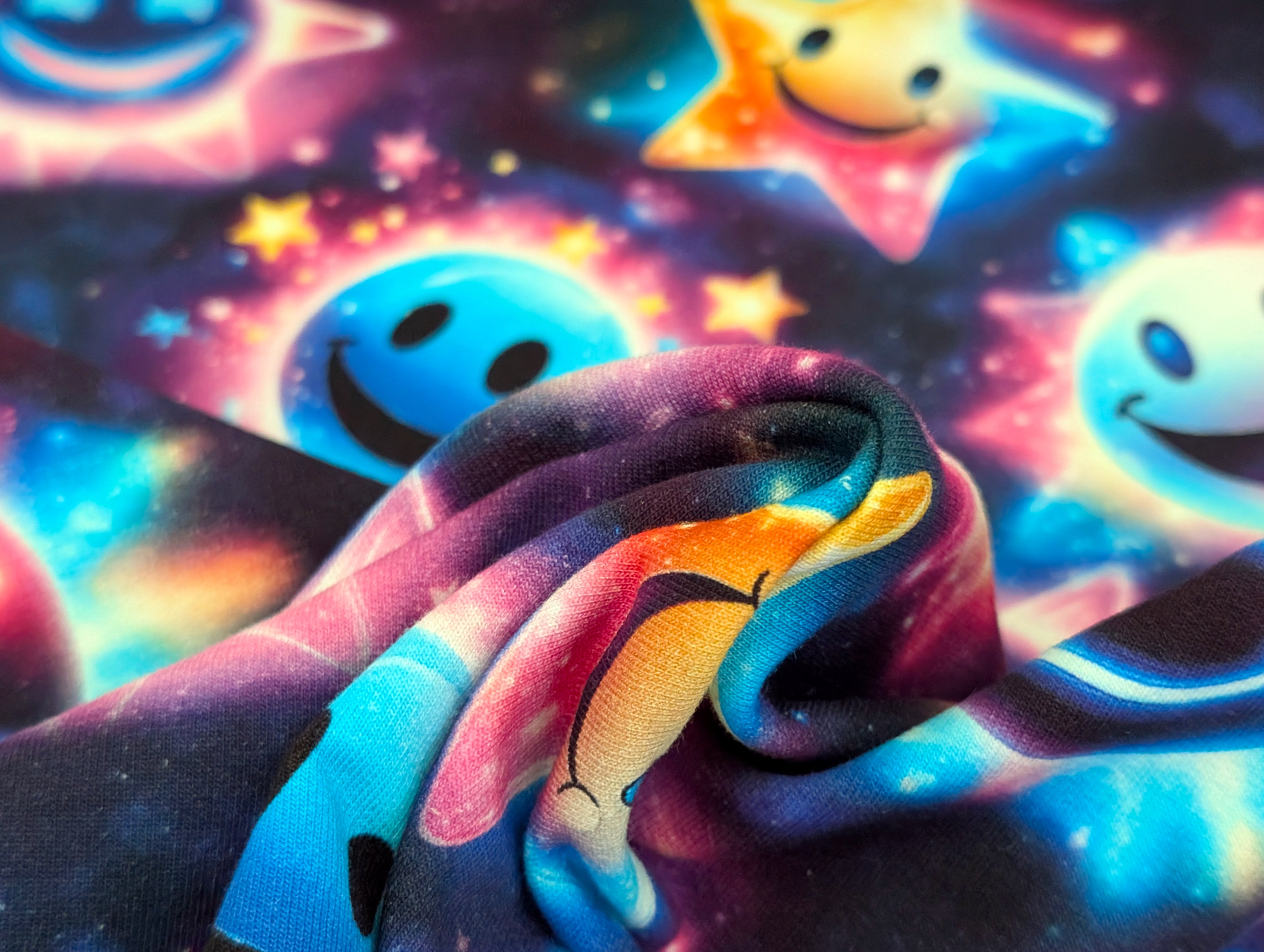 In-house Production French Terry Glowing Smileys on Black