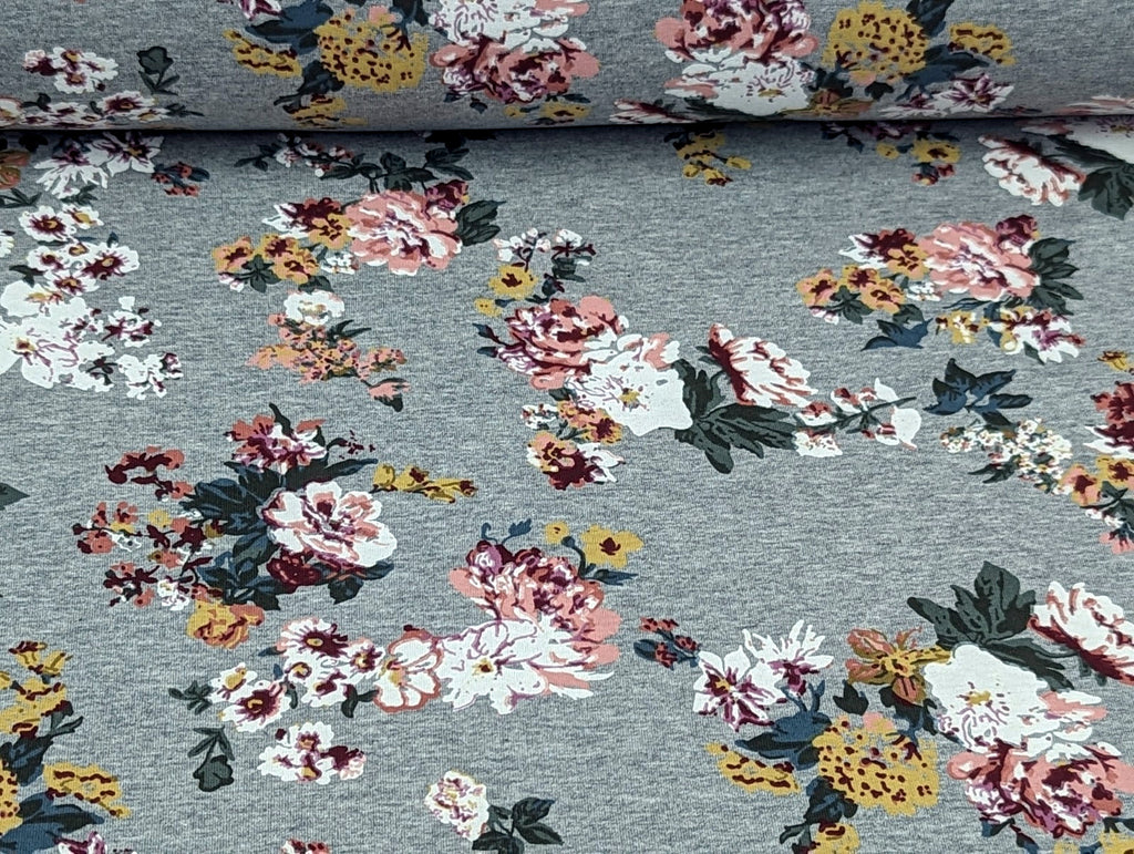 French Terry Large Floral Print on Light Grey Heather