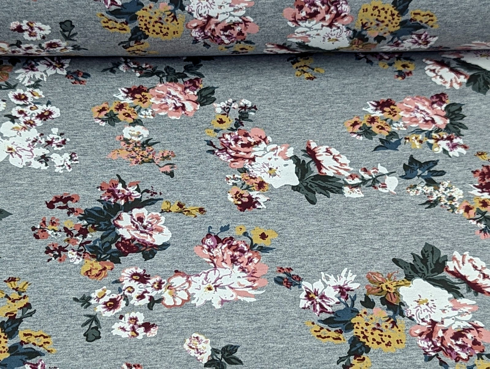 French Terry Large Floral Print on Light Grey Heather