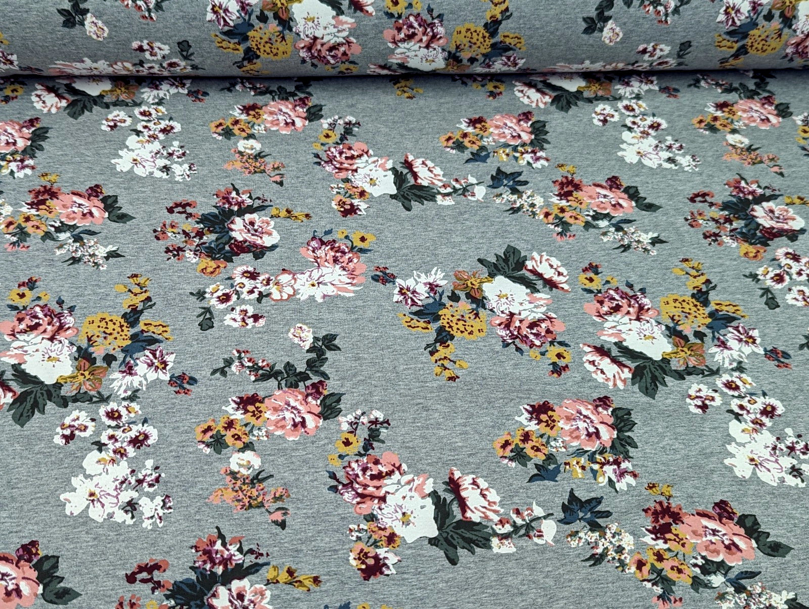 French Terry Large Floral Print on Light Grey Heather