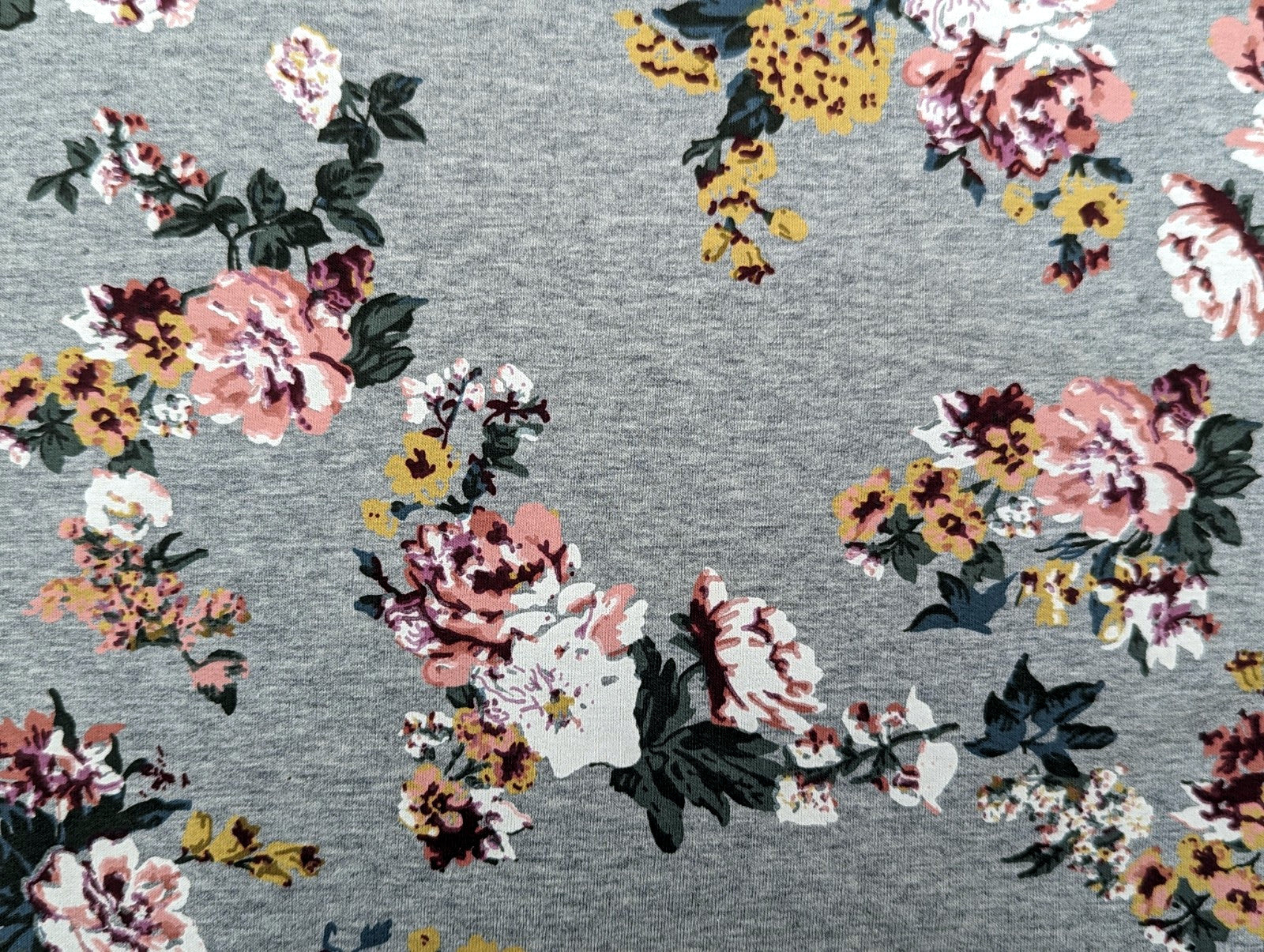 French Terry Large Floral Print on Light Grey Heather