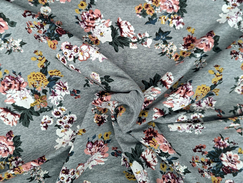 French Terry Large Floral Print on Light Grey Heather