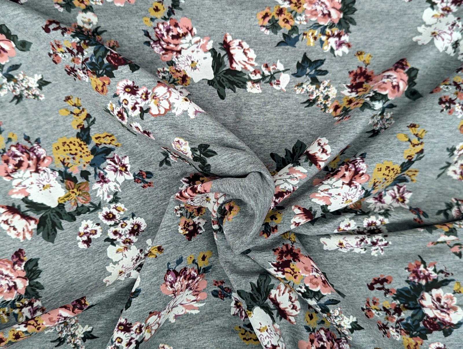 French Terry Large Floral Print on Light Grey Heather