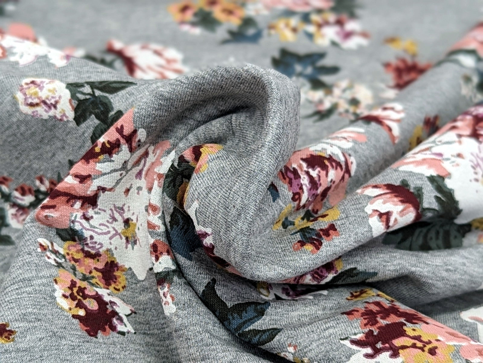 French Terry Large Floral Print on Light Grey Heather