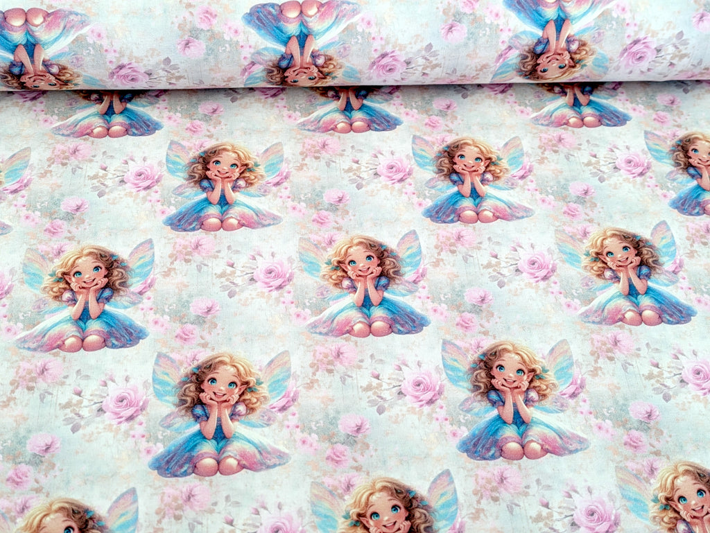 In-house Production French Terry Enchanting Fairy with Flowers on Cream White
