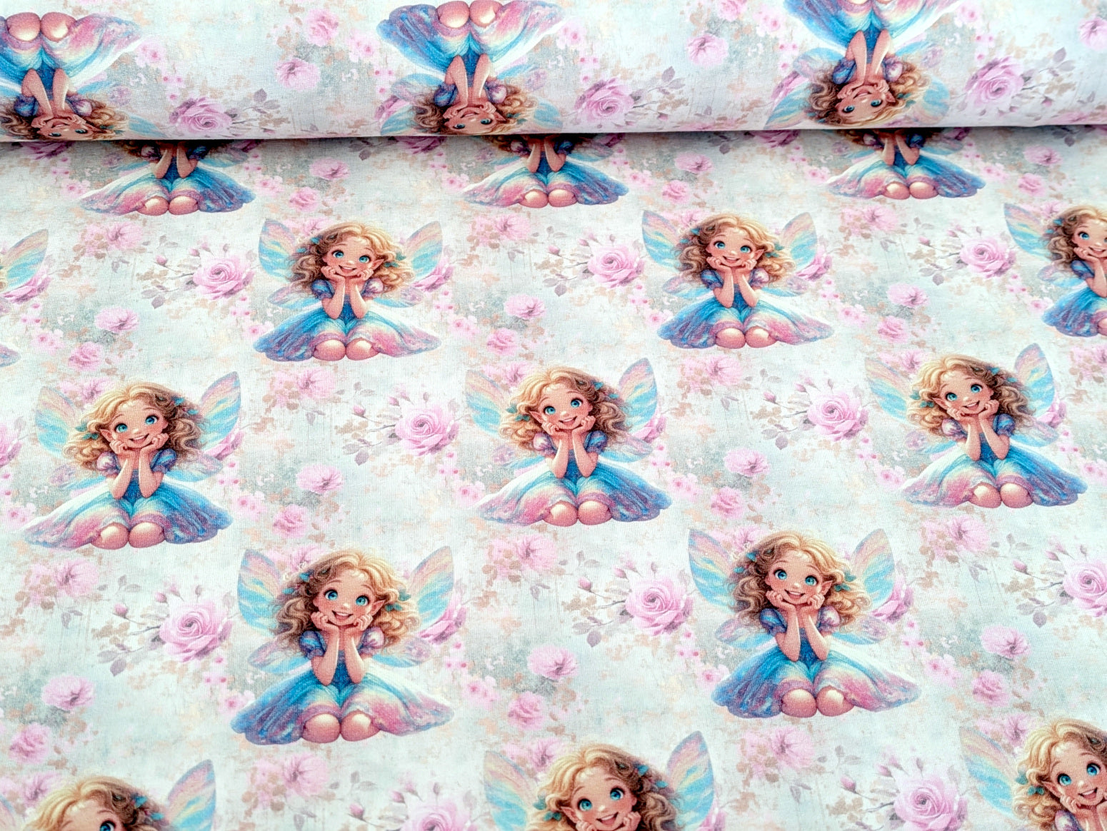 In-house Production French Terry Enchanting Fairy with Flowers on Cream White