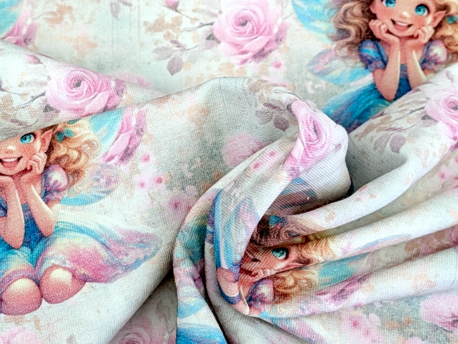 In-house Production French Terry Enchanting Fairy with Flowers on Cream White