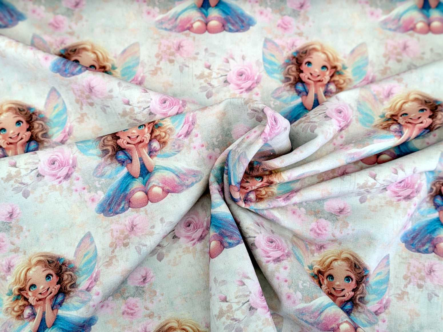 In-house Production French Terry Enchanting Fairy with Flowers on Cream White