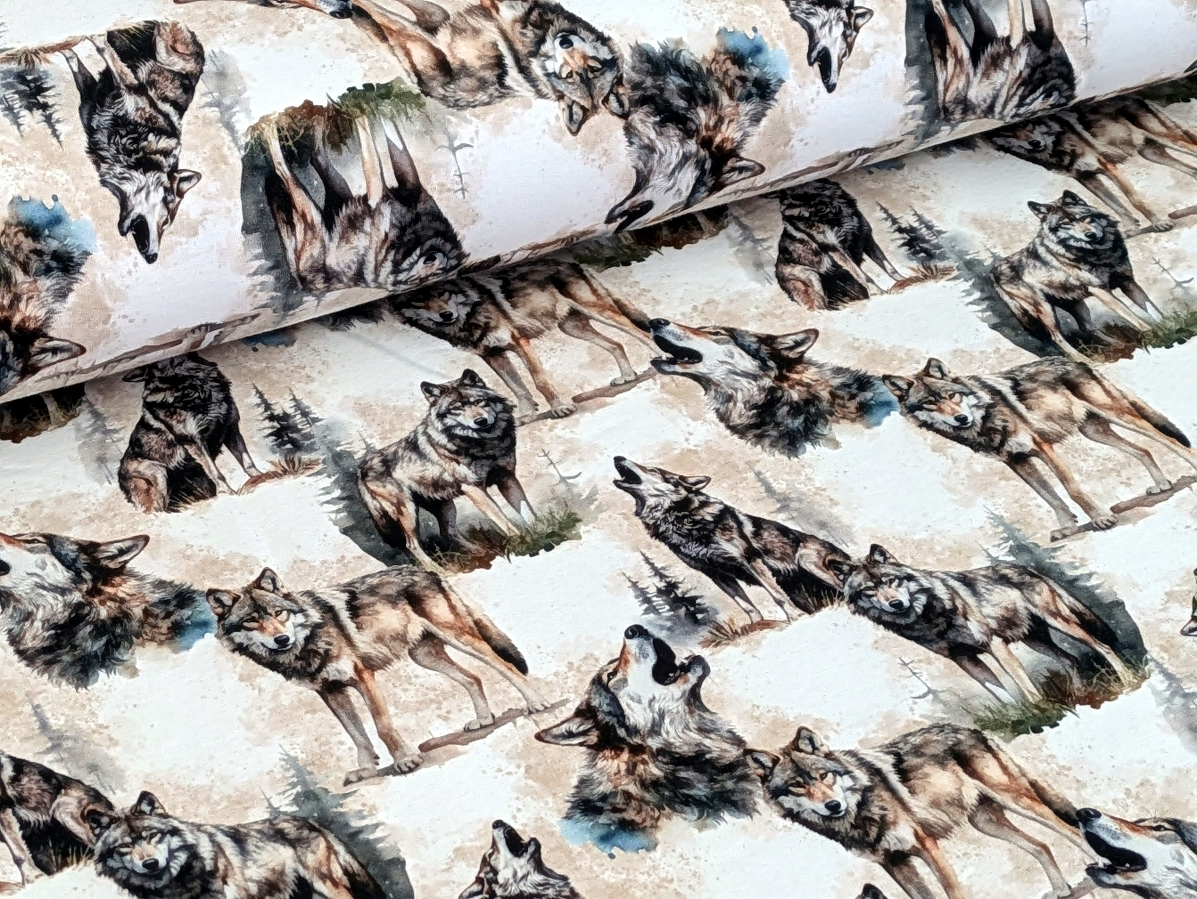 In-house Production French Terry Wolves in the Woods on Gray/White