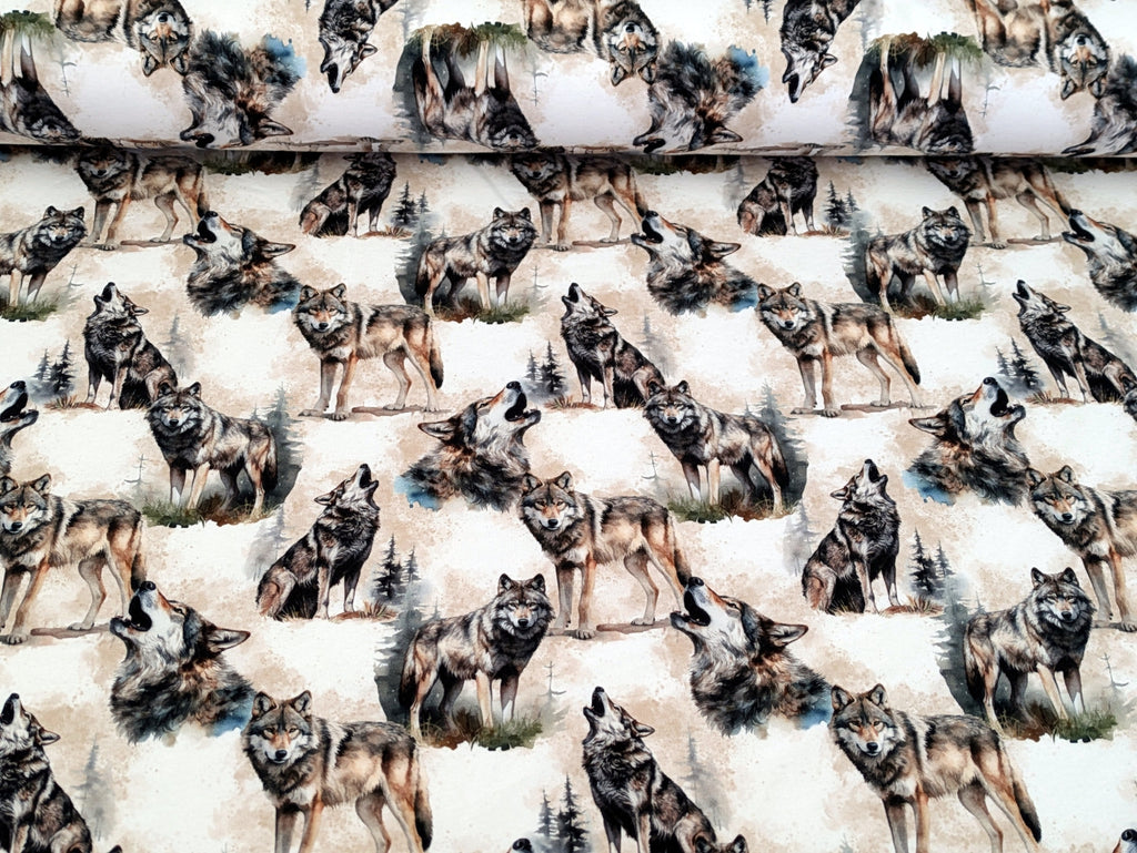 In-house Production French Terry Wolves in the Woods on Gray/White