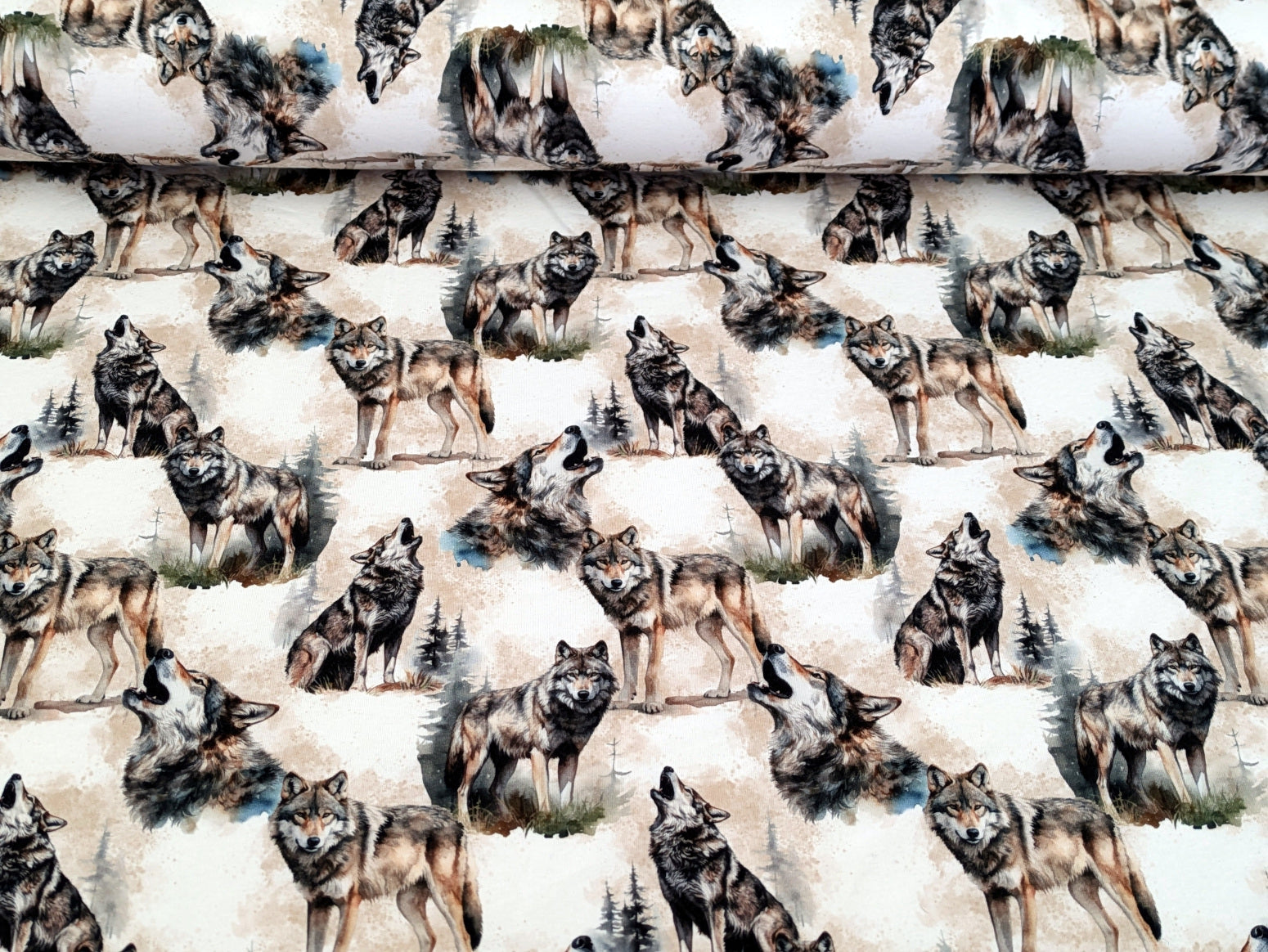 In-house Production French Terry Wolves in the Woods on Gray/White