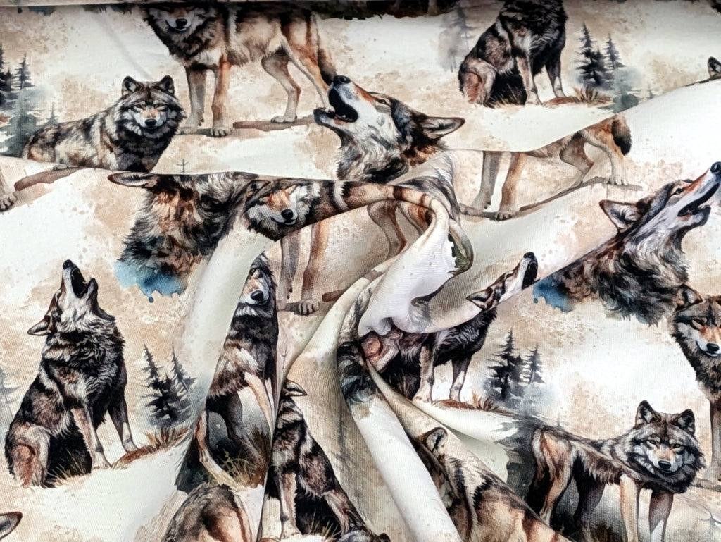 In-house Production French Terry Wolves in the Woods on Gray/White