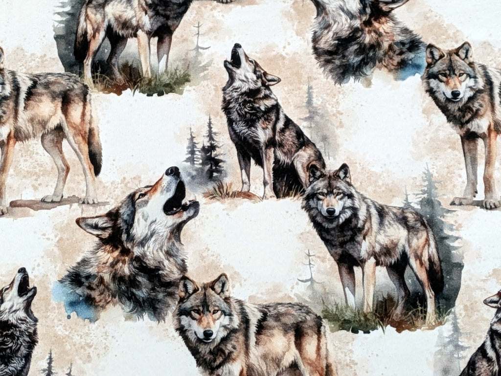 In-house Production French Terry Wolves in the Woods on Gray/White