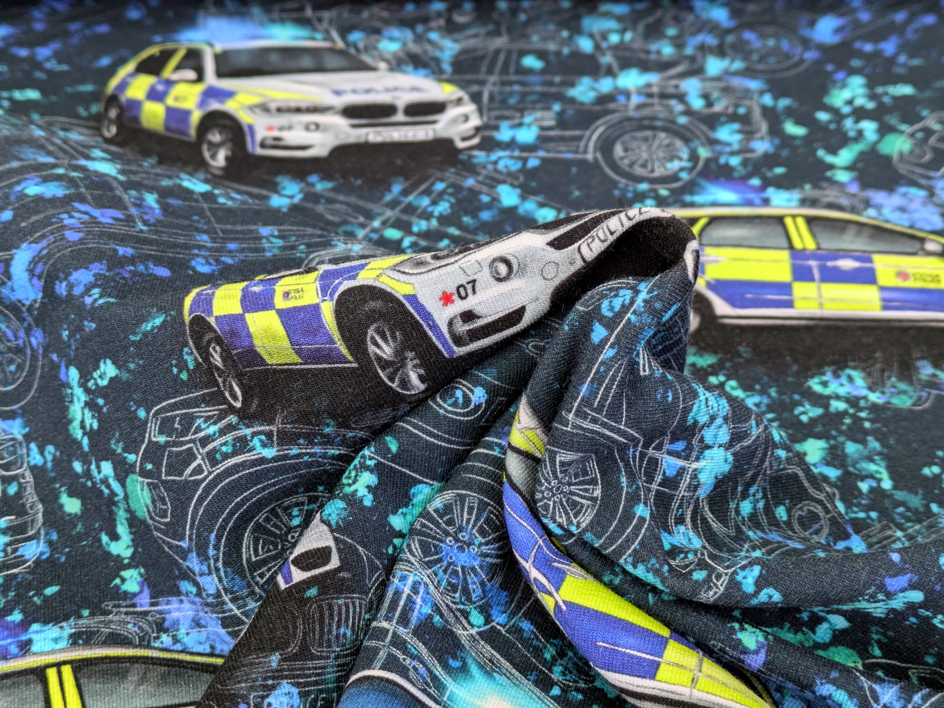 Eigenproduktion French Terry Polizei Verkehr Blau