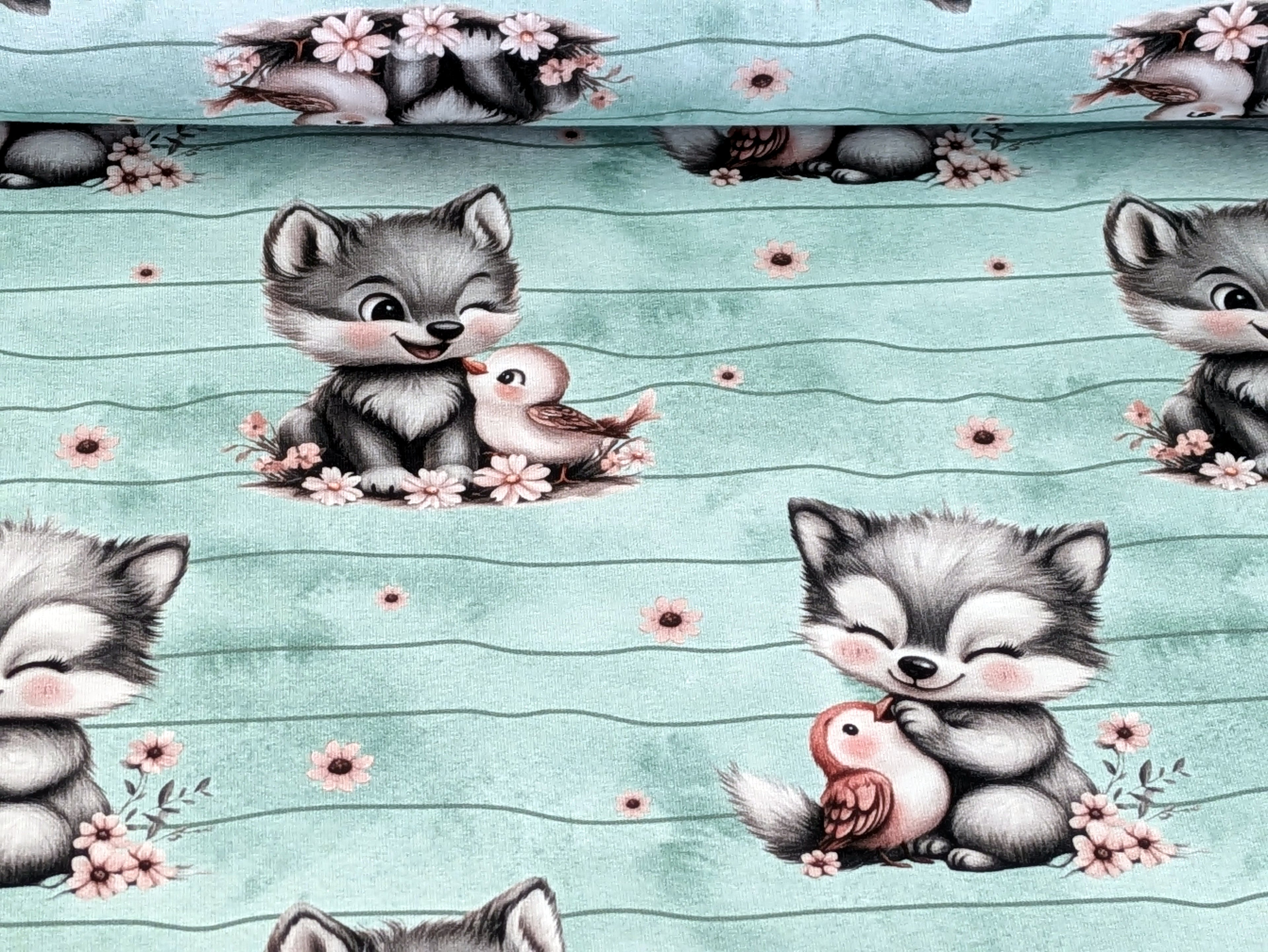 In-house Production French Terry Sweet Wolf with Bird Stripes on Mint/Green