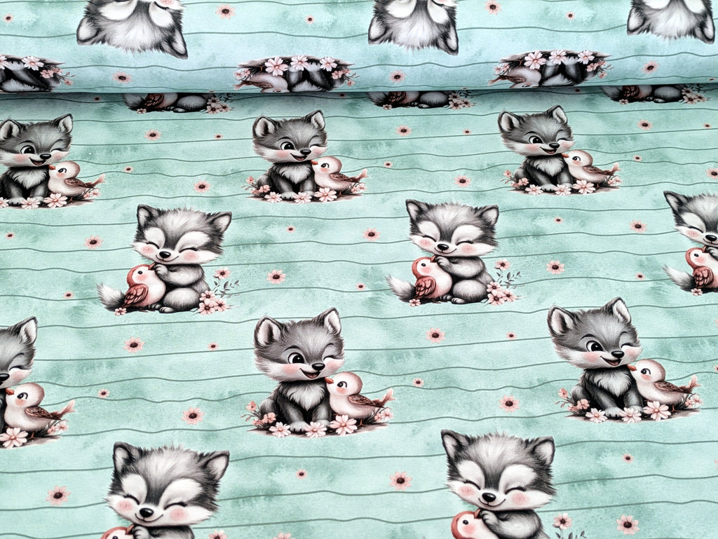 In-house Production French Terry Sweet Wolf with Bird Stripes on Mint/Green