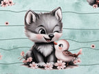 In-house Production French Terry Sweet Wolf with Bird Stripes on Mint/Green