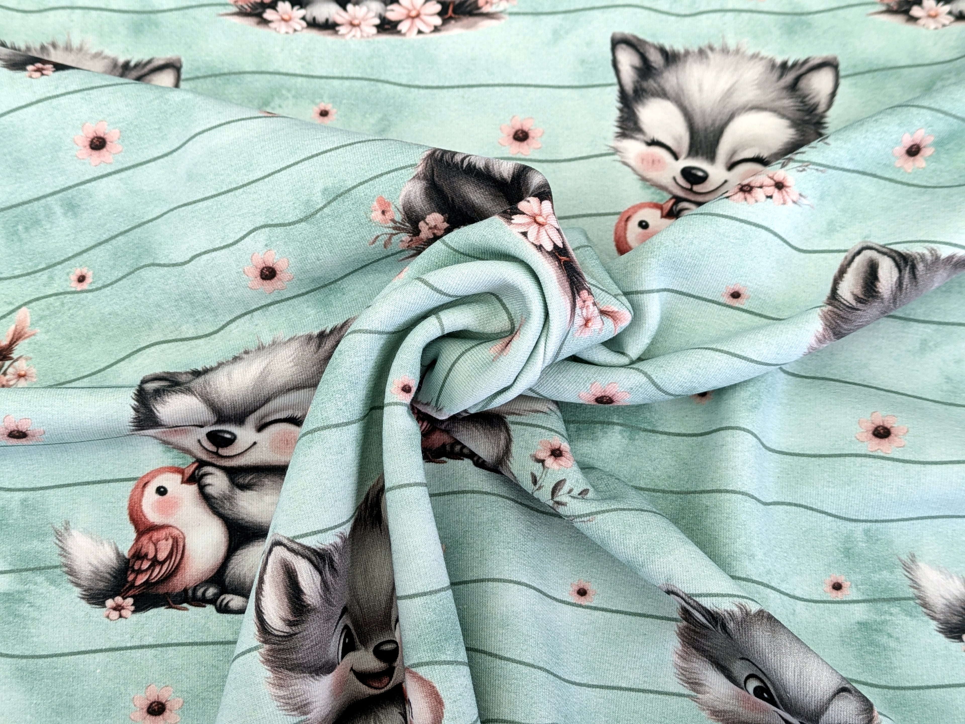In-house Production French Terry Sweet Wolf with Bird Stripes on Mint/Green