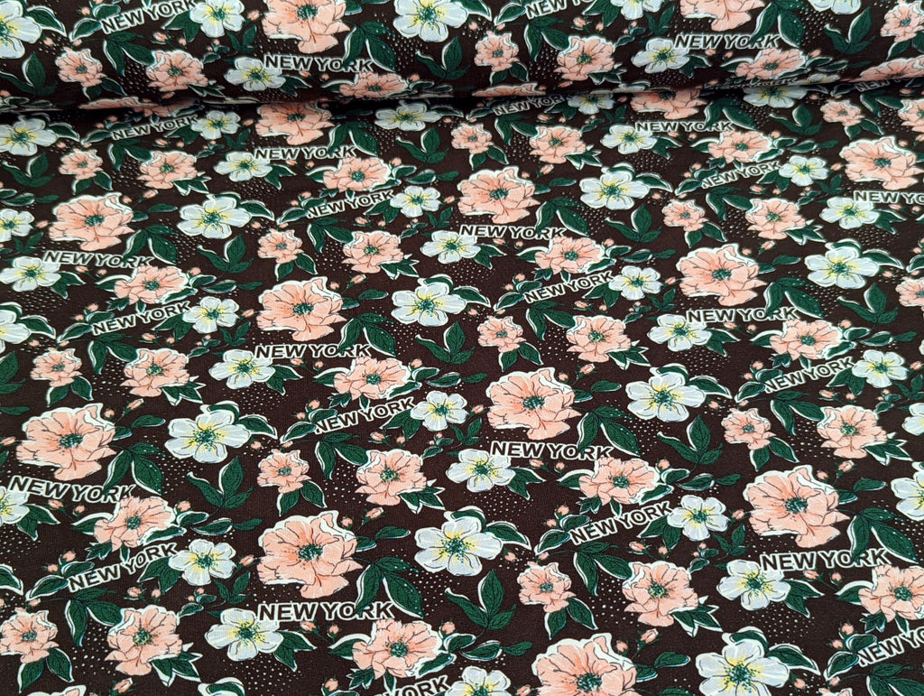 French Terry Everything is possible Blumen auf Dunkelbraun