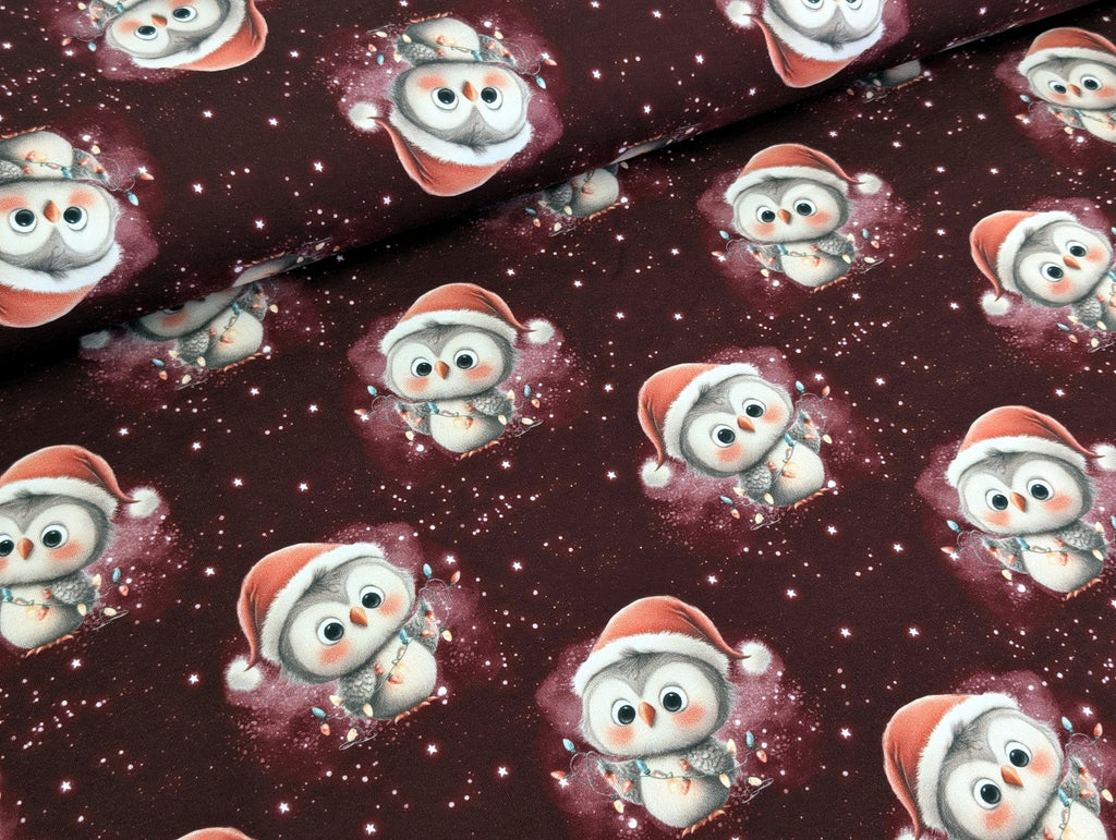Eigenproduktion French Terry Weihnachts Eule auf Dunkelrot