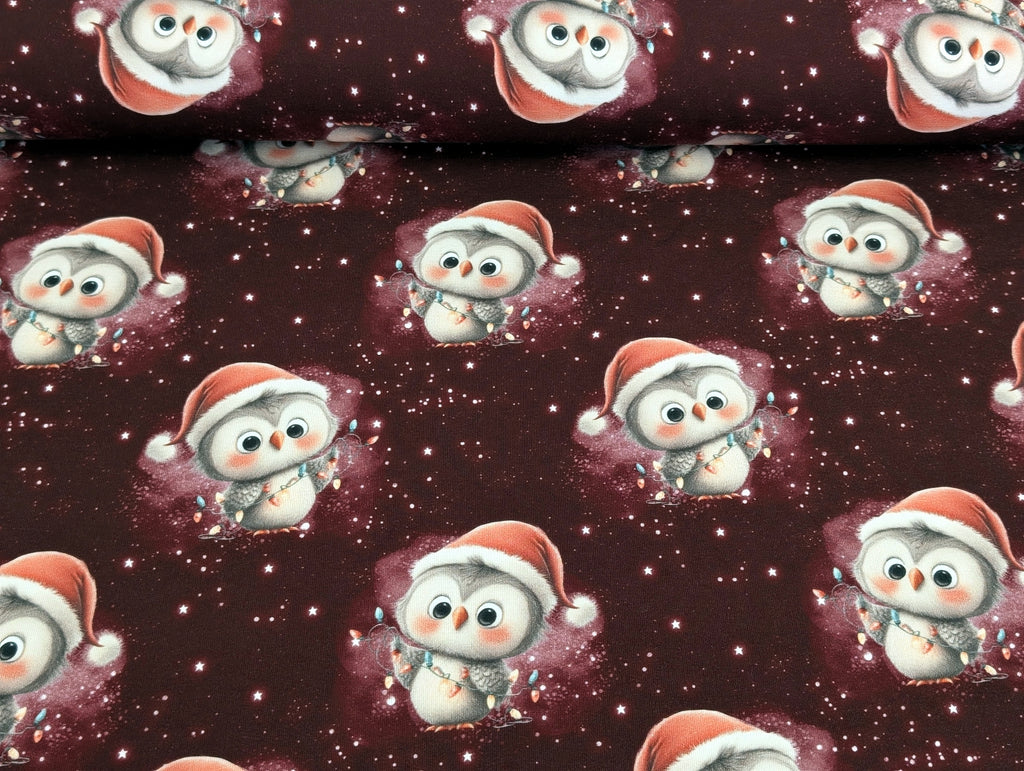 Eigenproduktion French Terry Weihnachts Eule auf Dunkelrot