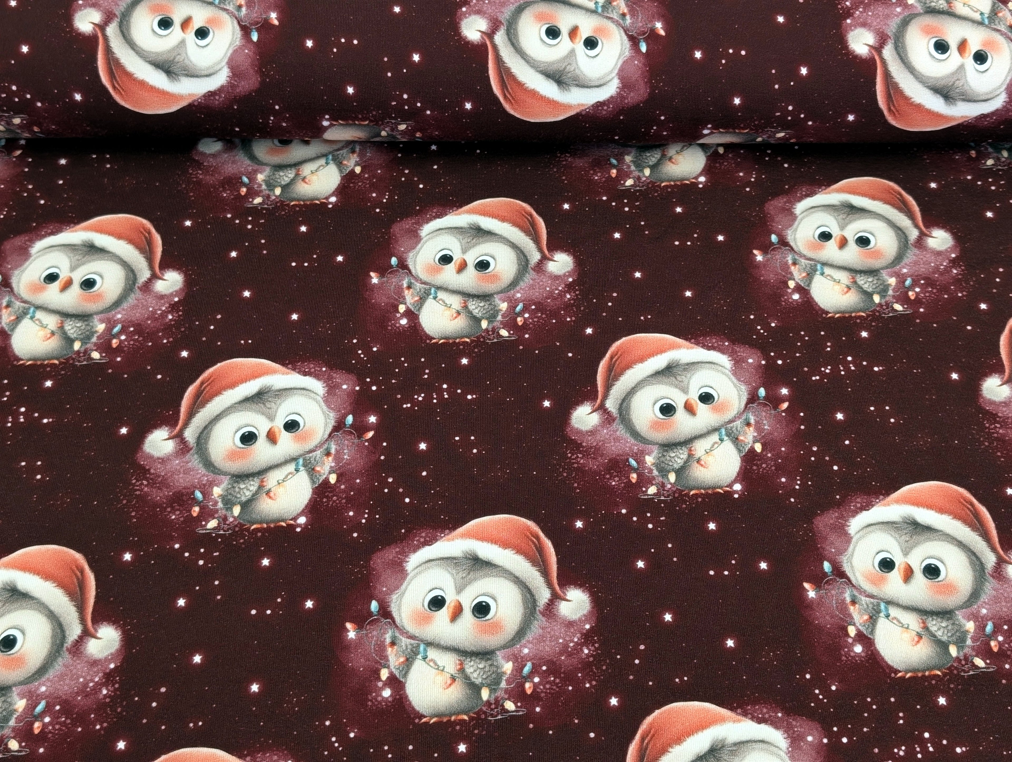Eigenproduktion French Terry Weihnachts Eule auf Dunkelrot