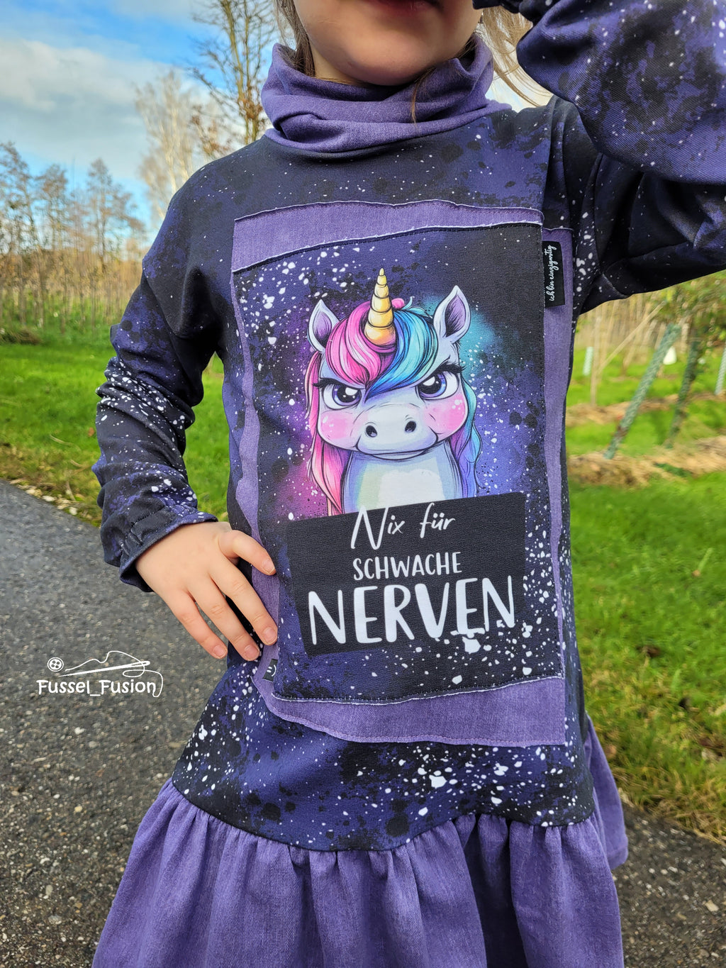 In-house production Organic French Terry Unicorn Not for the Faint of Heart on Purple approx. 65 x 165