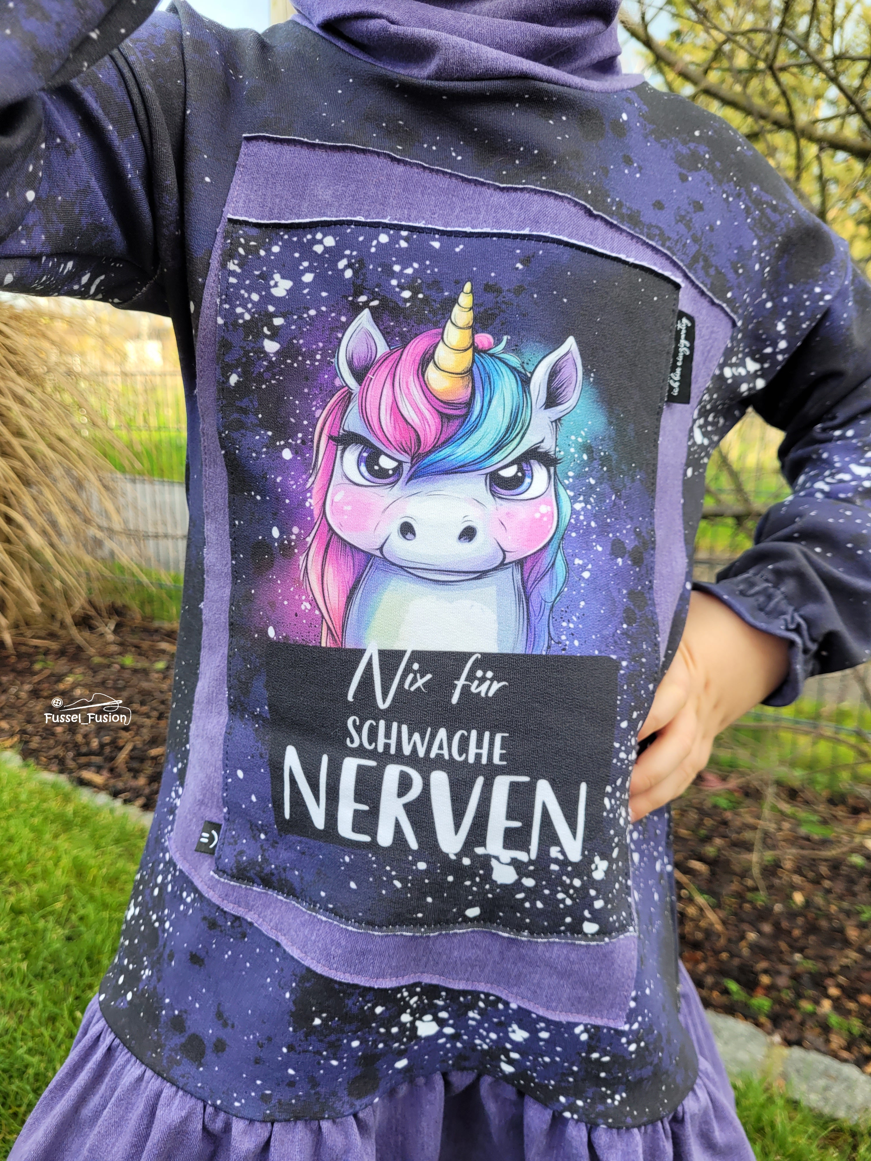 In-house production Organic French Terry Unicorn Not for the Faint of Heart on Purple approx. 65 x 165