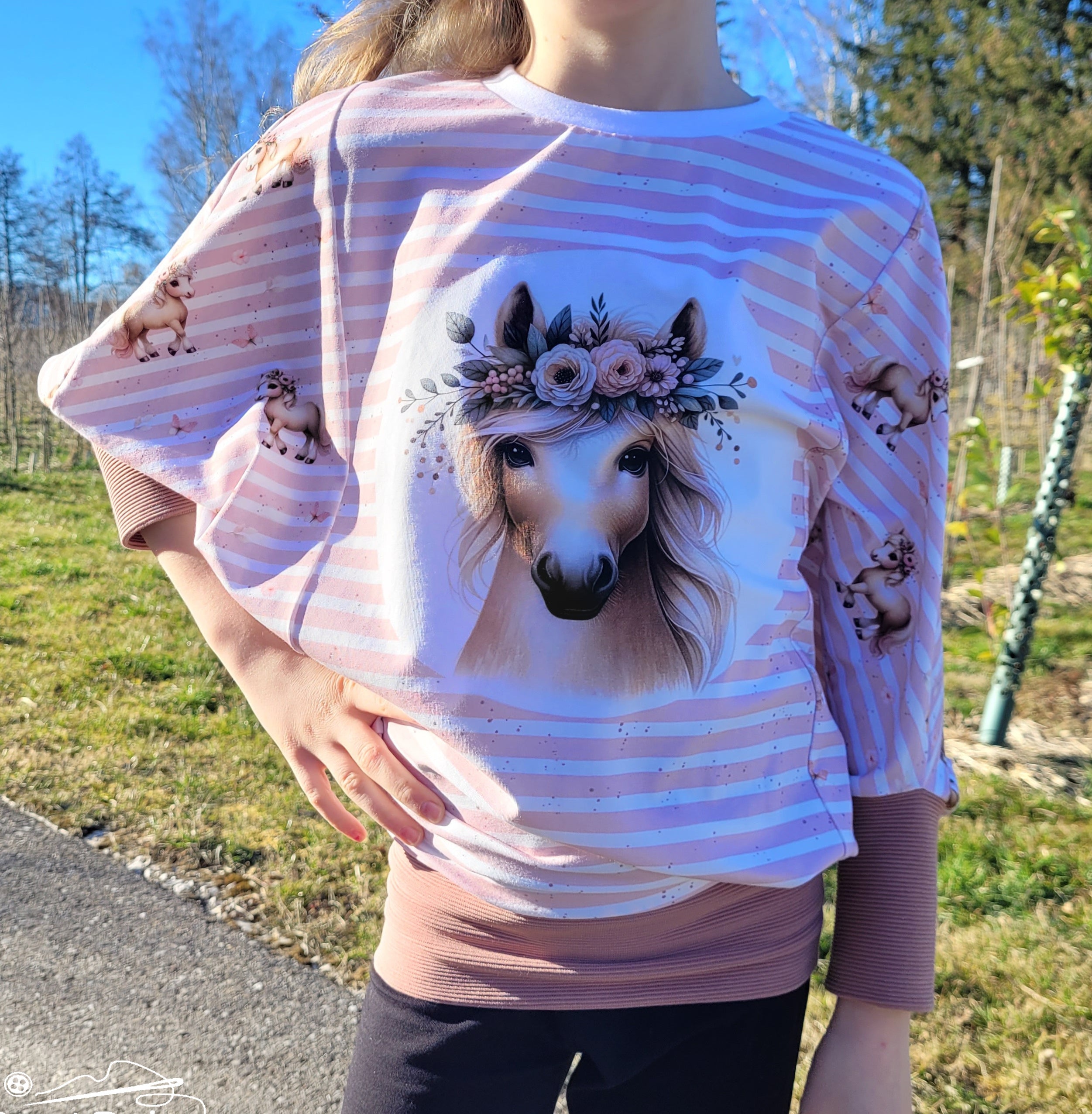 Self-produced Cotton Jersey Panel Horse Flower Pony on Stripes Butterfly Light Pink