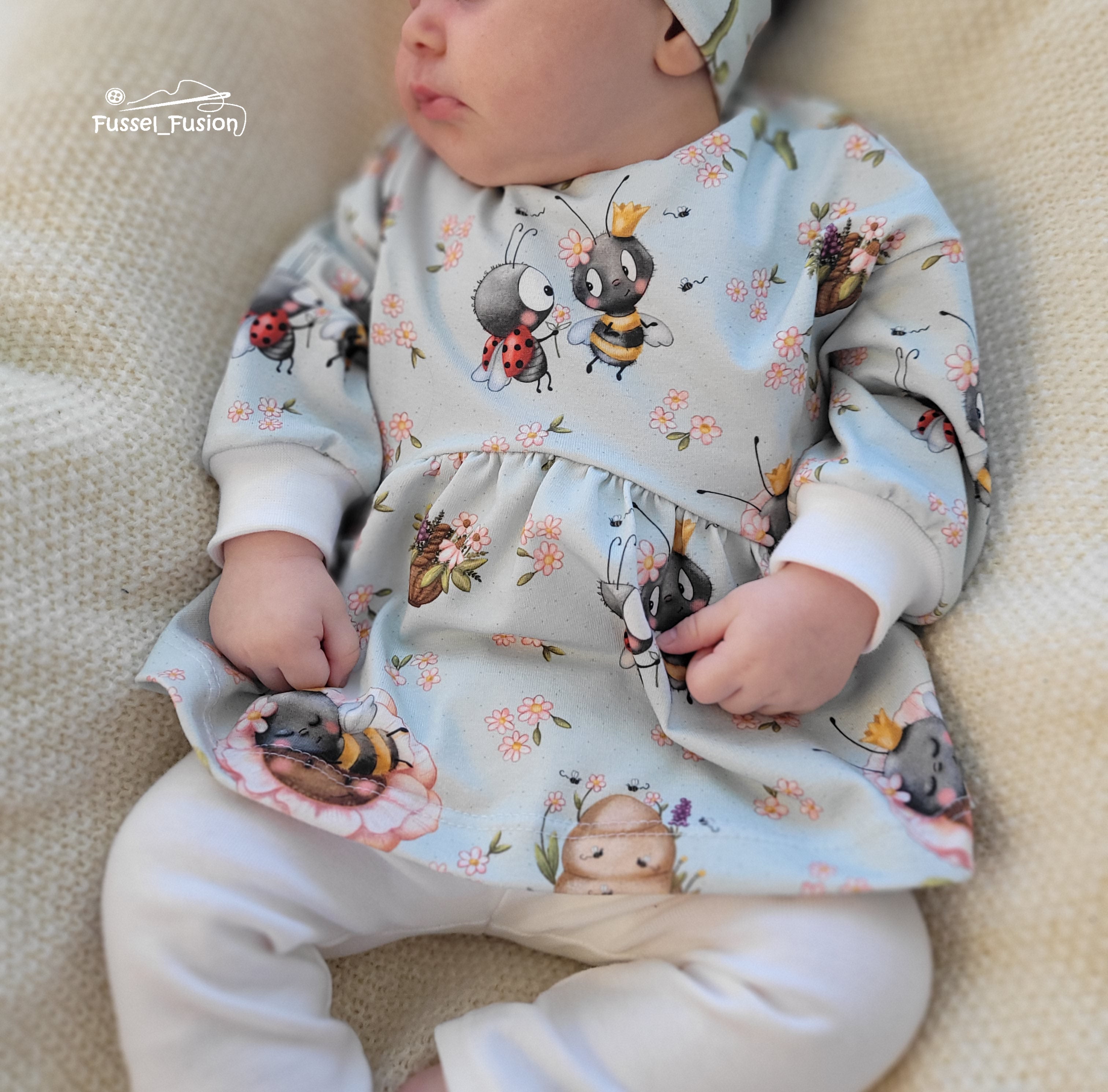 In-house production cotton jersey Queen Bee Ella and ladybug on light mint
