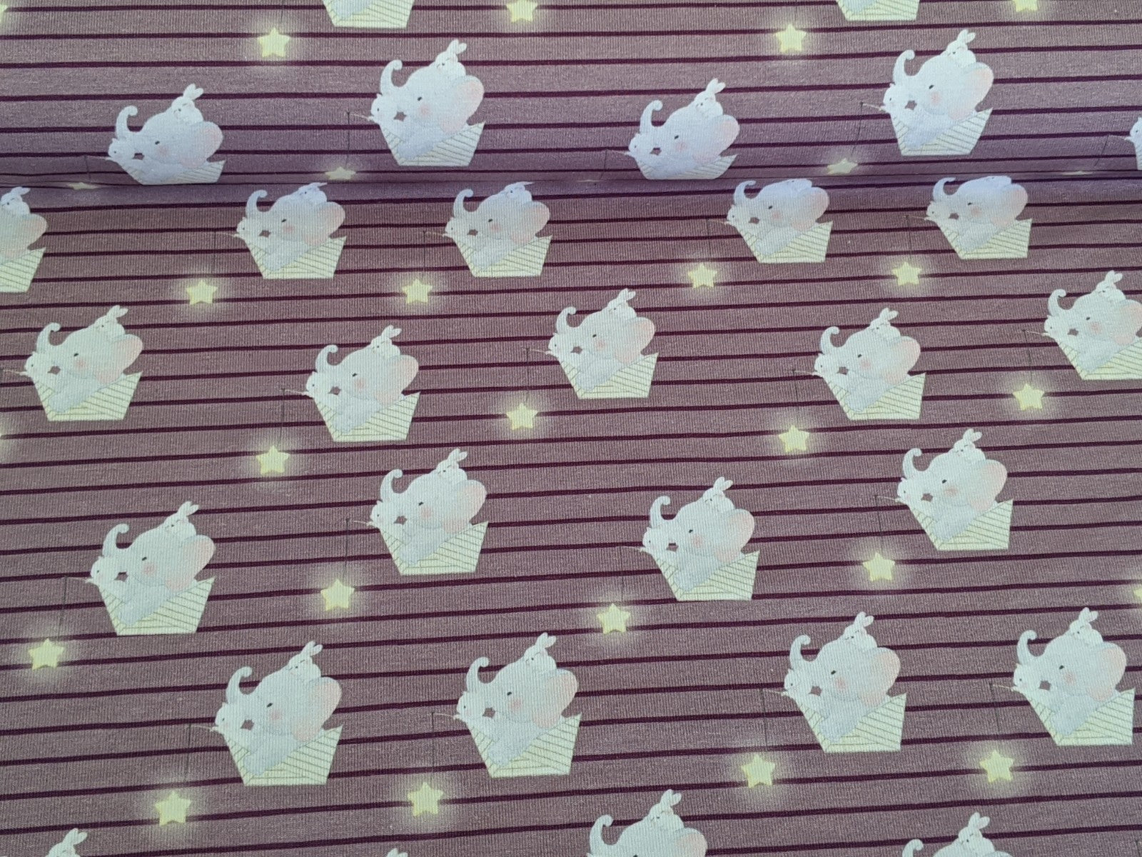 Cotton Jersey Elephants Boats Aubergine