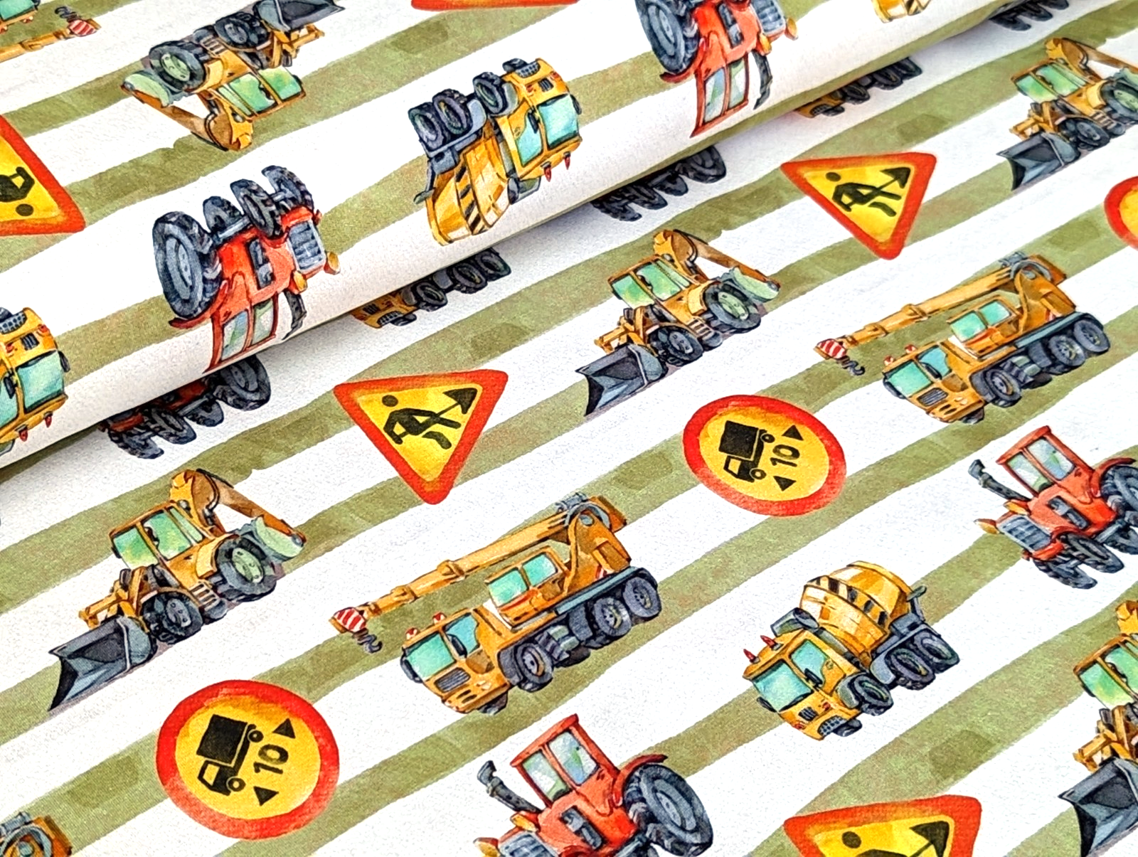 Cotton Jersey Digital Construction Site Construction Vehicles Stripes Green/White