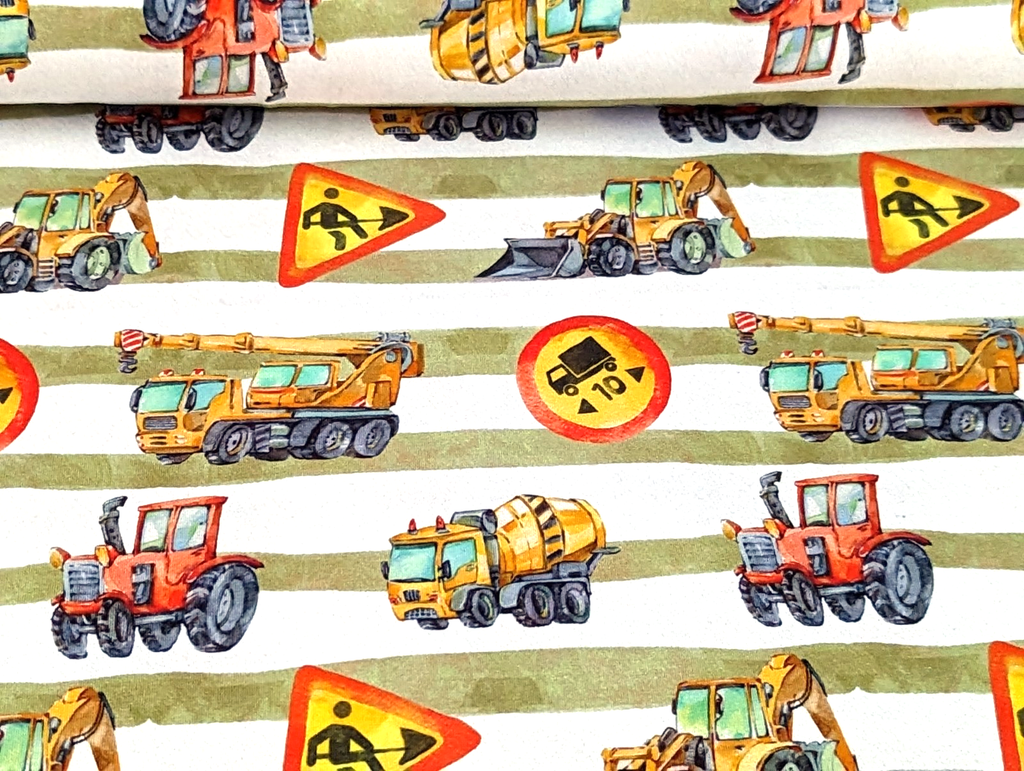 Cotton Jersey Digital Construction Site Construction Vehicles Stripes Green/White