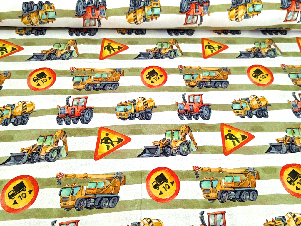 Cotton Jersey Digital Construction Site Construction Vehicles Stripes Green/White