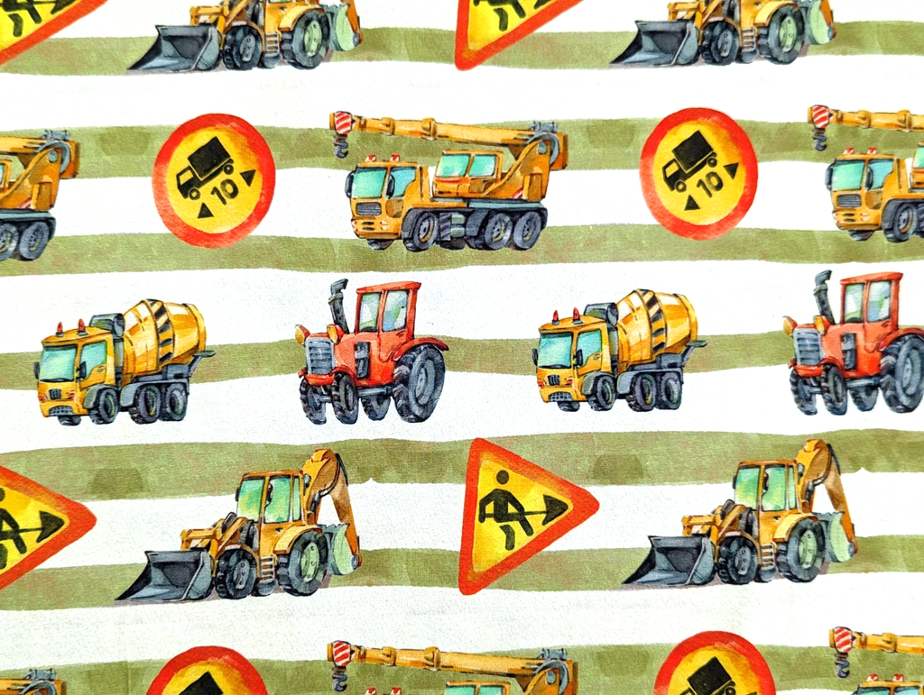 Cotton Jersey Digital Construction Site Construction Vehicles Stripes Green/White