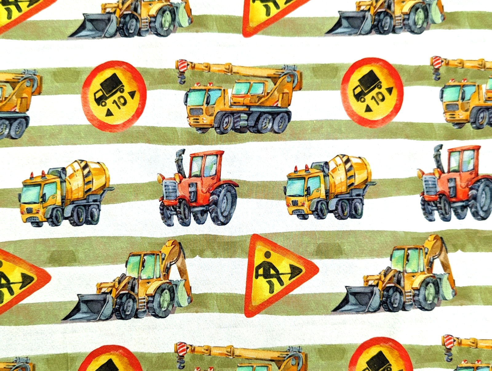 Cotton Jersey Digital Construction Site Construction Vehicles Stripes Green/White