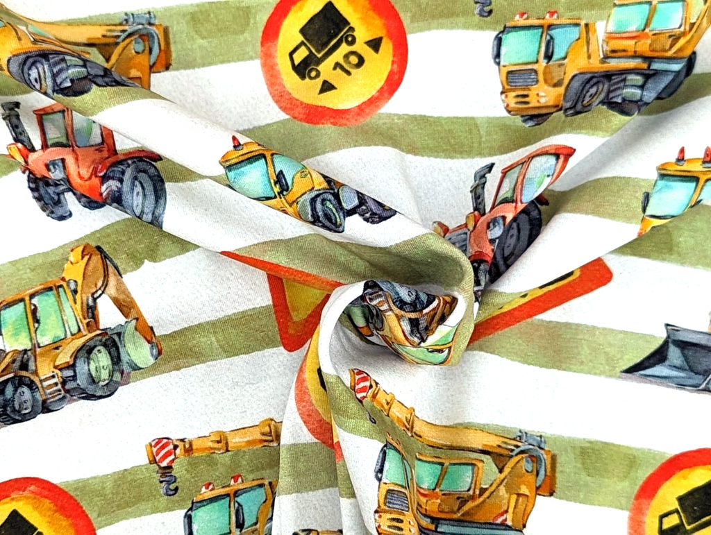 Cotton Jersey Digital Construction Site Construction Vehicles Stripes Green/White