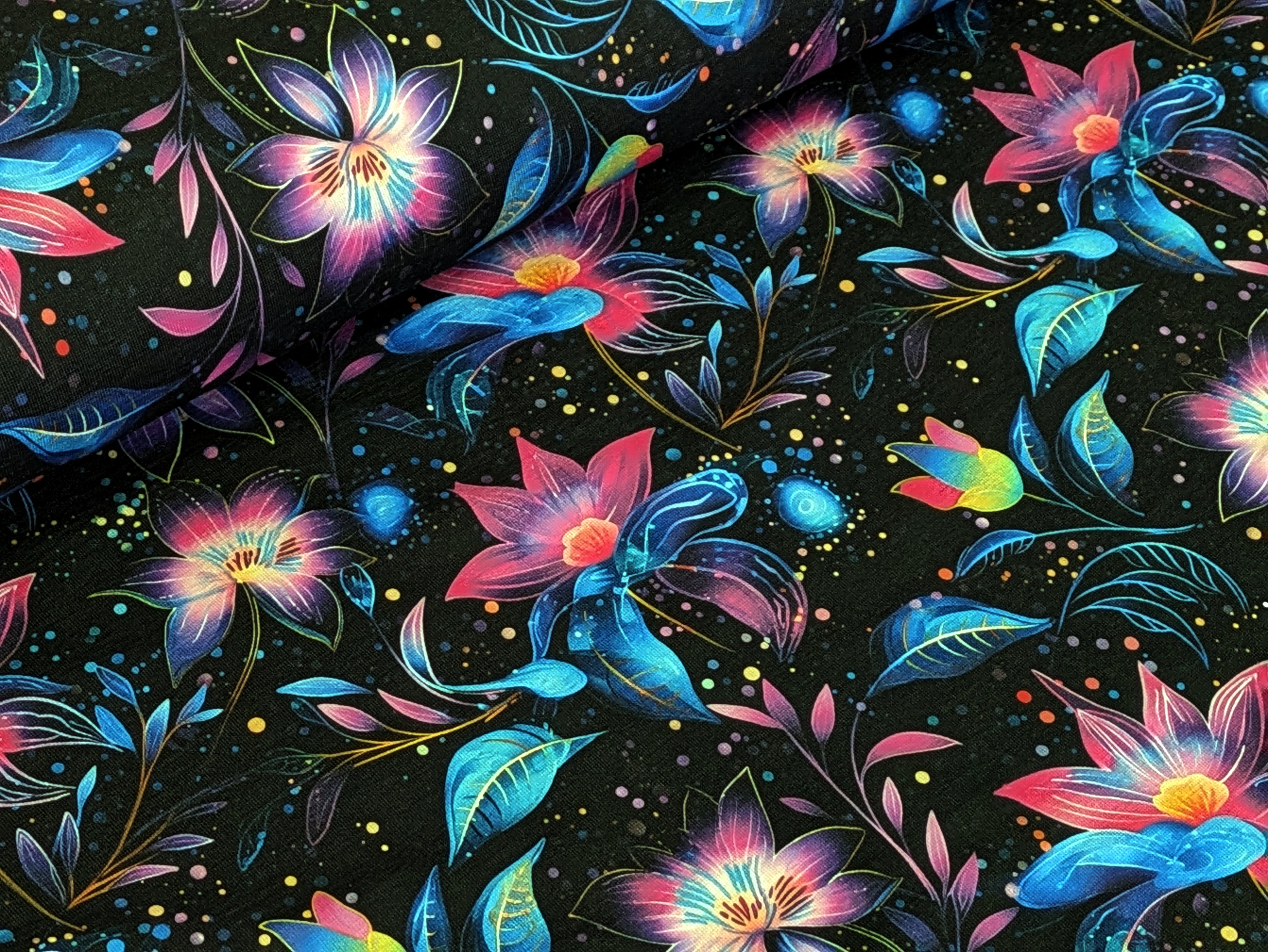 In-house production Cotton Jersey Fluorescent Blossom Magic on Black Fabric by the Meter Dress Fabric