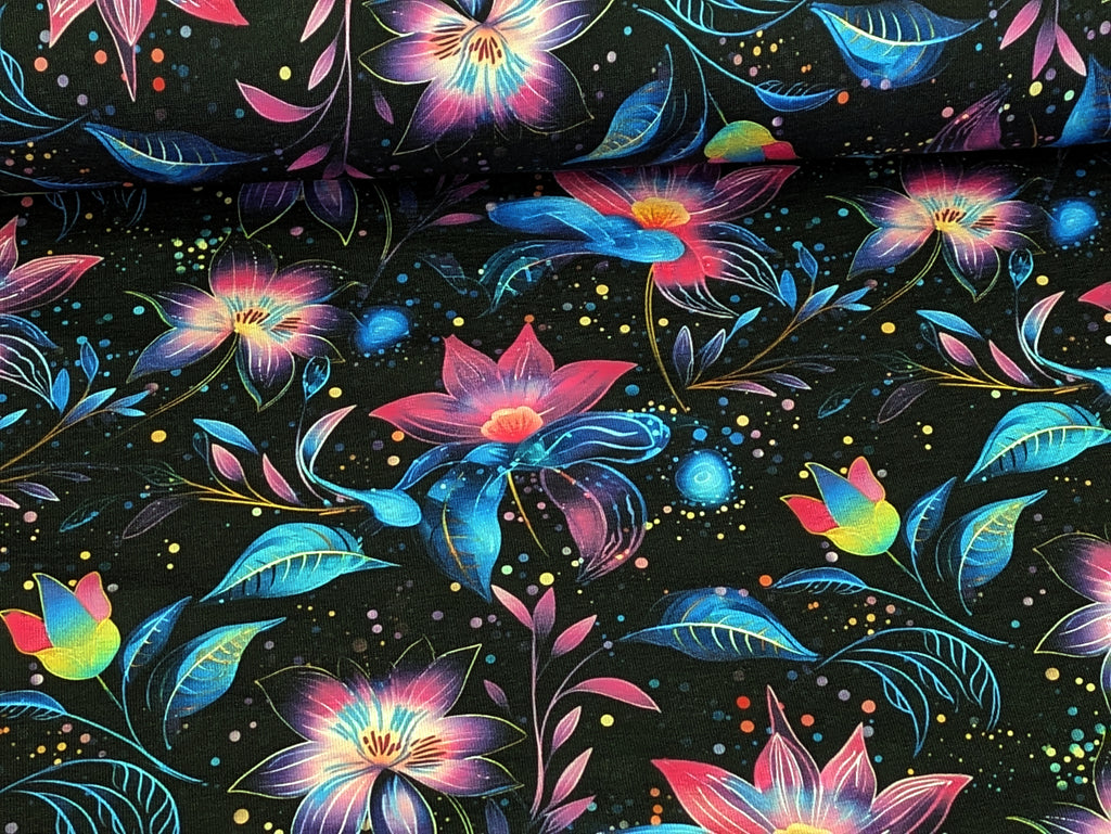 In-house production Cotton Jersey Fluorescent Blossom Magic on Black Fabric by the Meter Dress Fabric